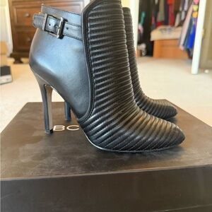 BCBGeneration Black Quilted Pointed Toe Stiletto Ankle Boots with Buckle